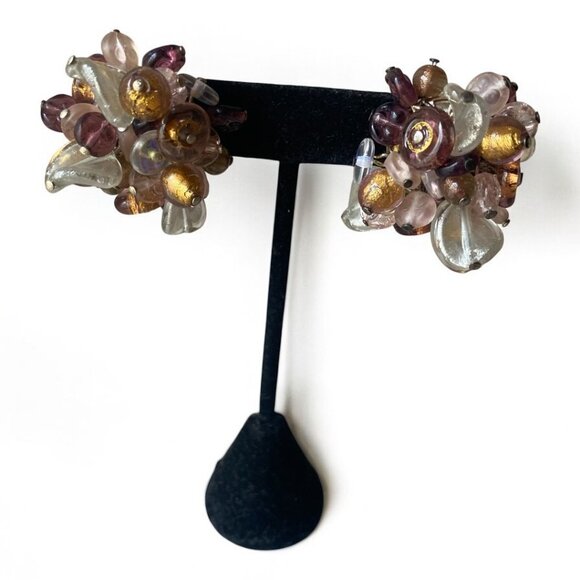 VTG 925 Italy Pierced Glass Chunky Cluster Earrings Brown Purple Rossana fairy - Picture 1 of 14